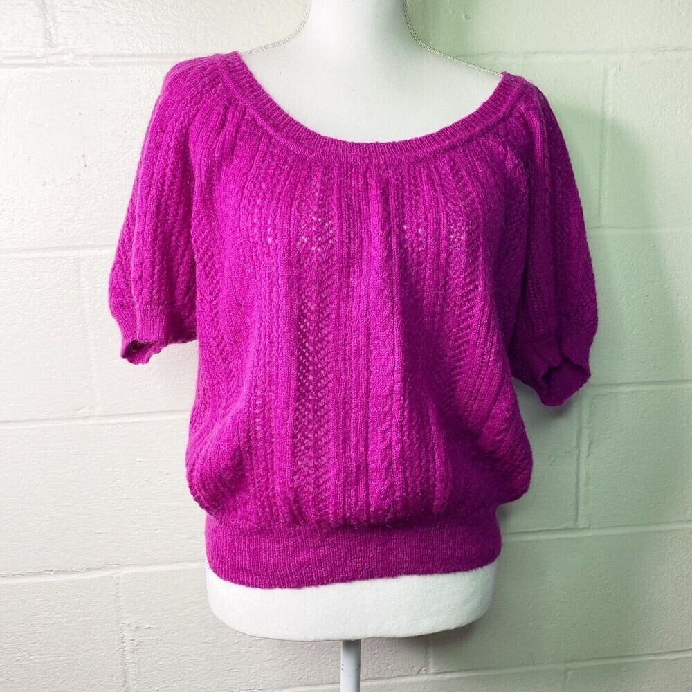 Express Pink Magenta Open Knit Sweater Puff Sleeve Mohair Wool Blend Sz Small